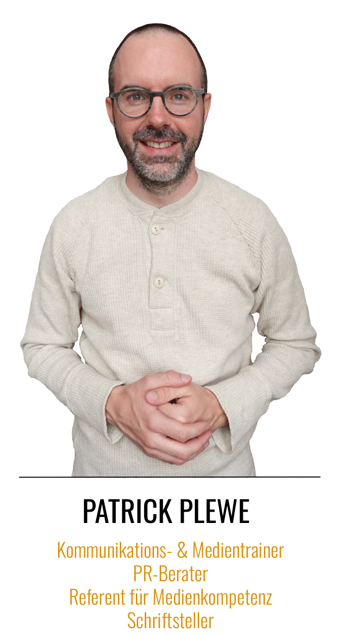 Portraitbild von Patrick Plewe, Kommunikationstrainer, Medientrainer, PR-Berater, Referent für Medienkompetenz und Schriftsteller